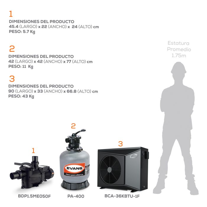 Kit para alberca 63 m³ con bomba de calor - EVANS (KIT-BDP-BDC-0.5)