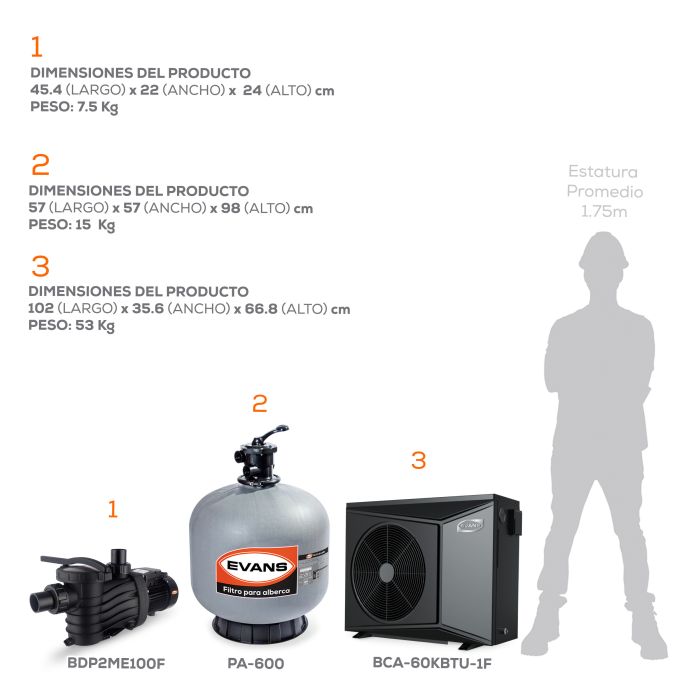 Kit para alberca 84 m³ con bomba de calor - EVANS (KIT-BDP-BDC-1)