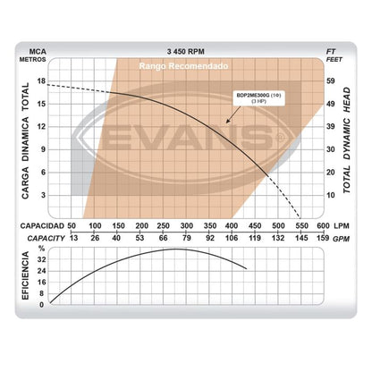 Bomba EVANS – 3 Hp, 220 V Monofásica Resistente a Químicos (BDP2ME300G)